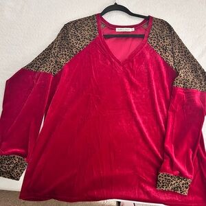 Red Velvet Top with Leopard Print Accents